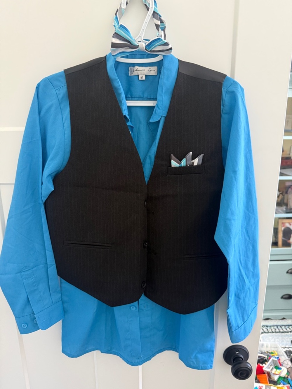 Boys Bright Blue Button-Down Shirt with Black Vest and bow tie